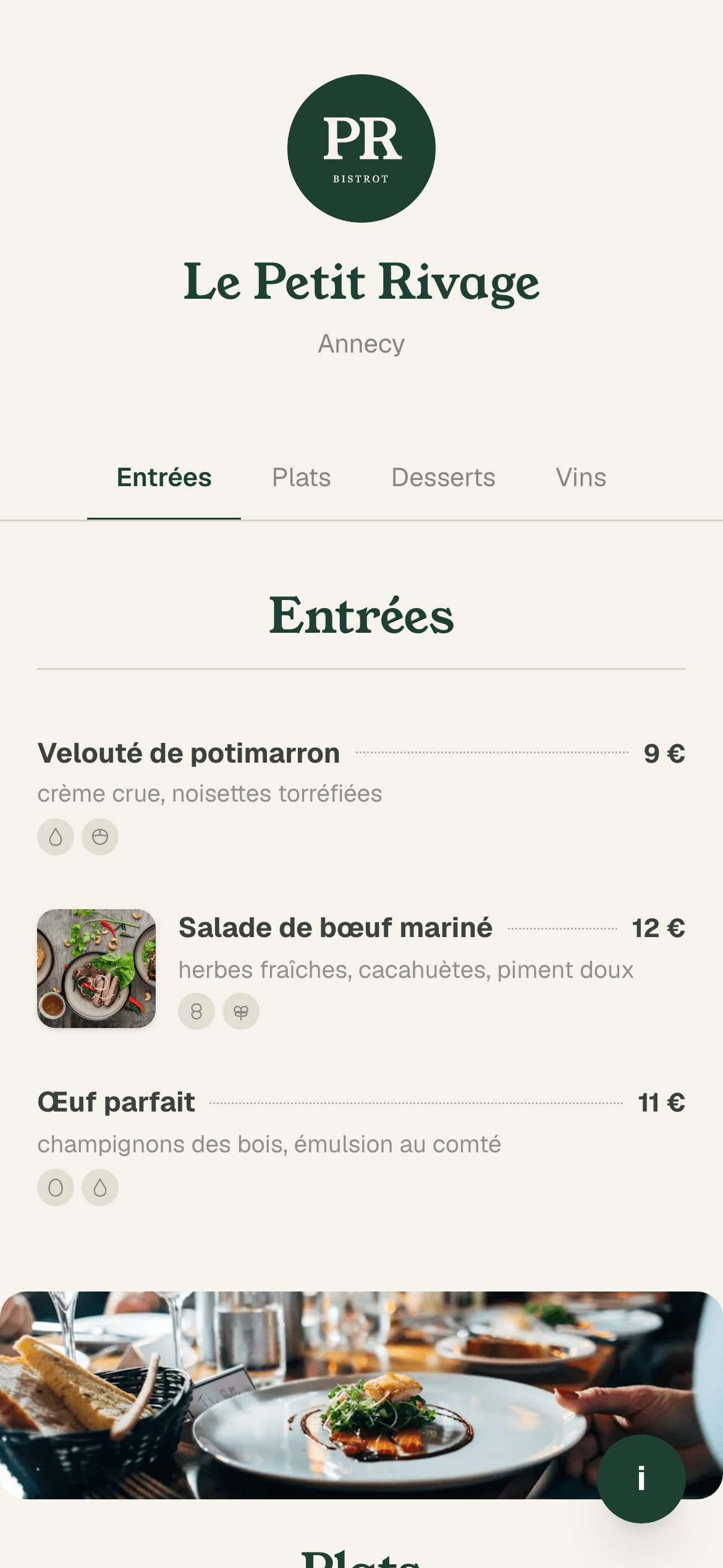 La même carte, publiée, sur téléphone : rubriques, plats, prix et allergènes