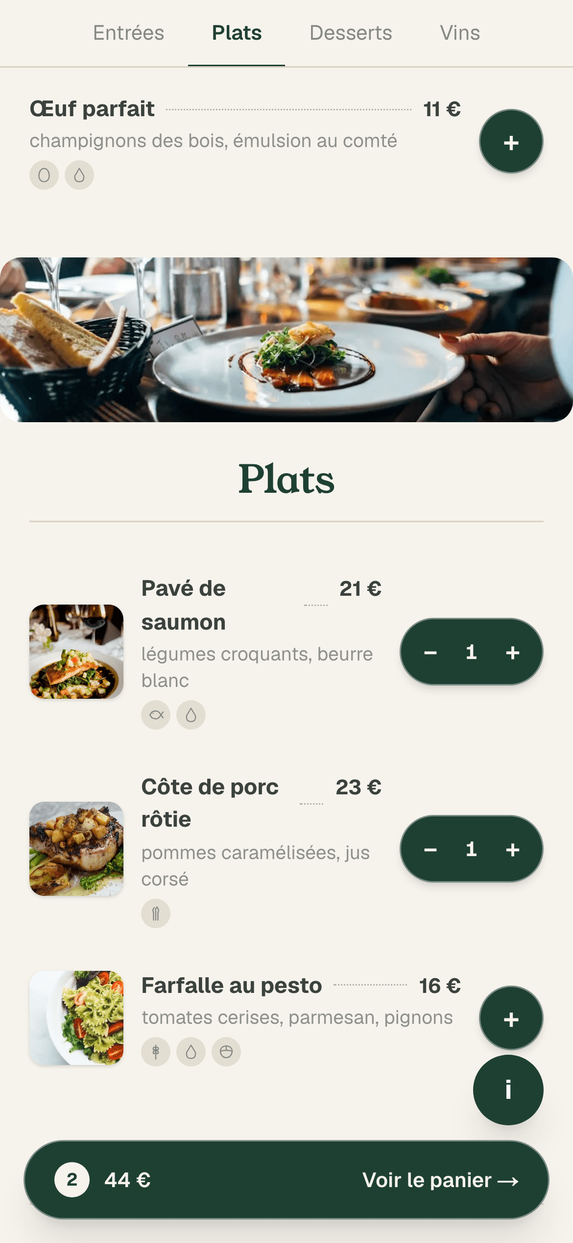 Une carte bonappli avec la commande en ligne : deux plats ajoutés, panier à 44 €