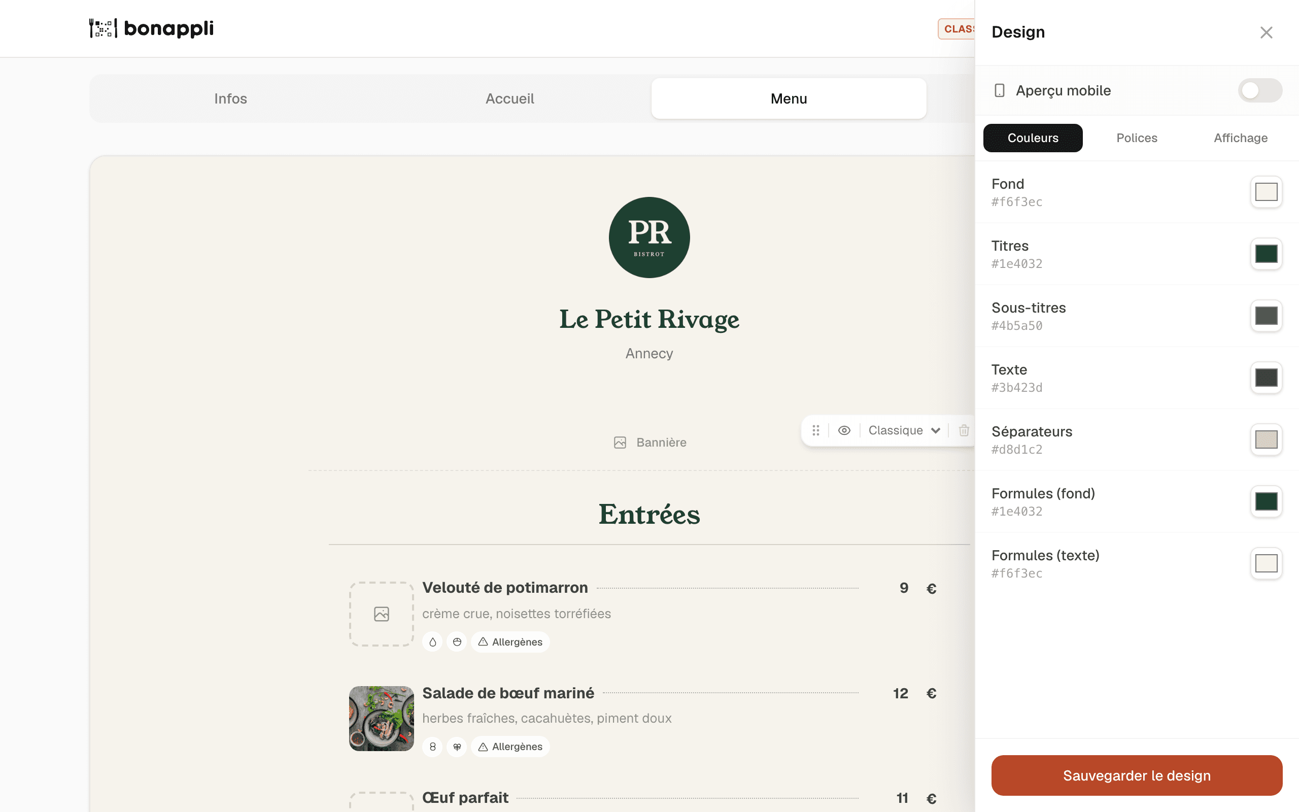 L'éditeur de menu bonappli avec le panneau Design ouvert : couleurs du fond, des titres et du texte
