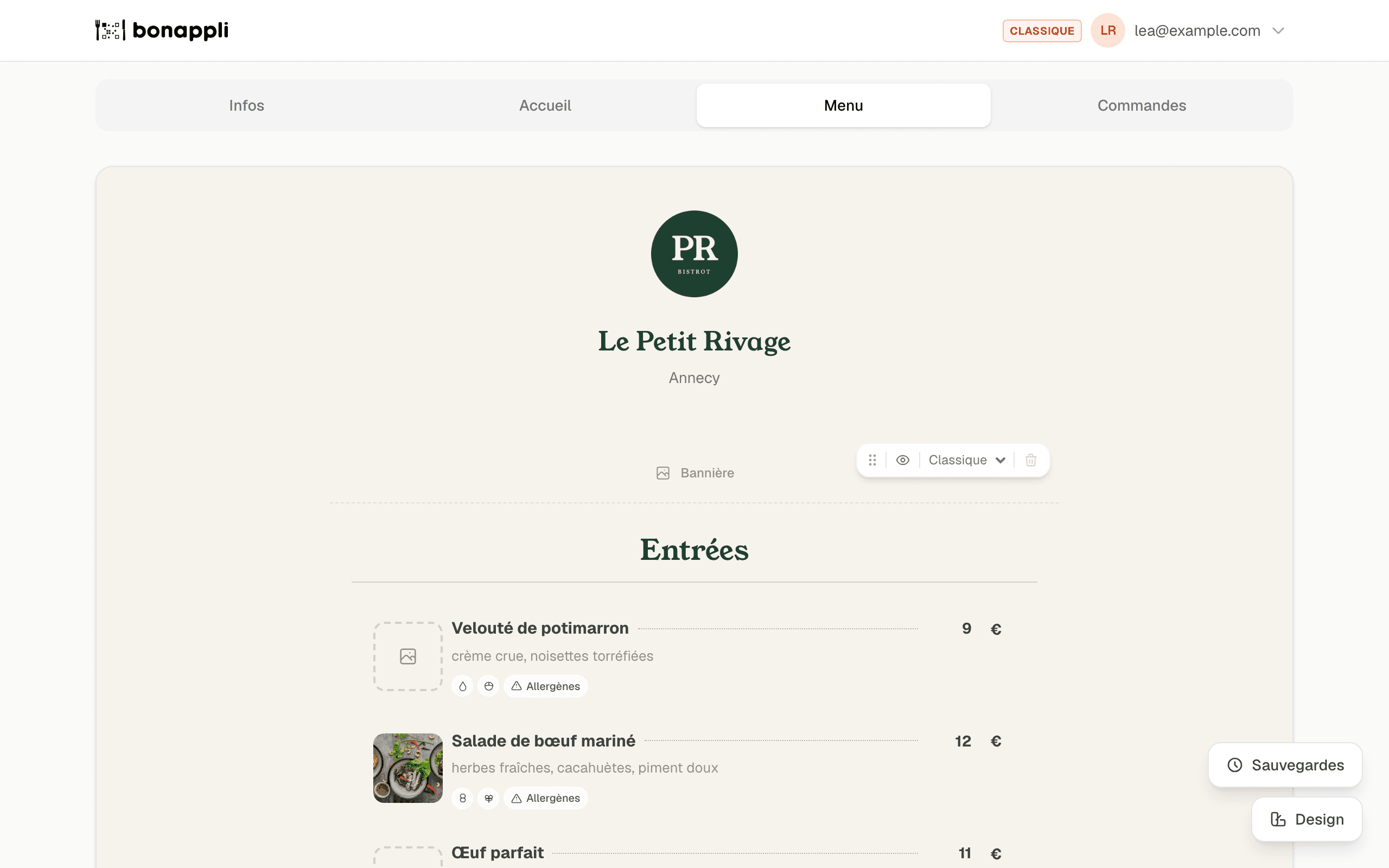 L'éditeur de menu bonappli : la carte se modifie là où elle s'affiche